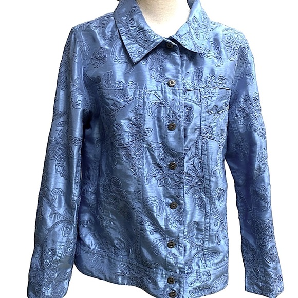 Susan Graver Blue Dupioni Texture Satin Floral Embroidery Jacket Coastal Grandma - Picture 6 of 12